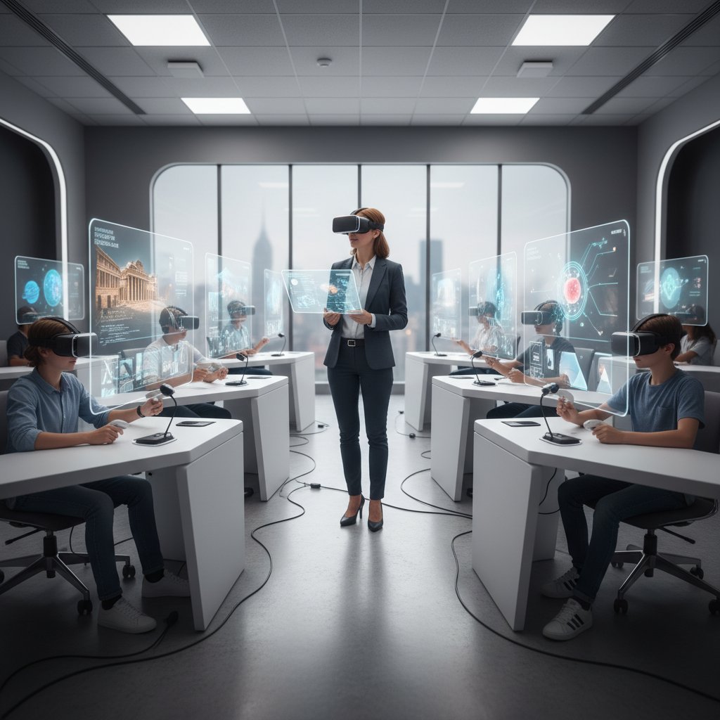 Nauczycielka prowadząca lekcję z wykorzystaniem tabletu i VR, uczniowie zaangażowani w symulację