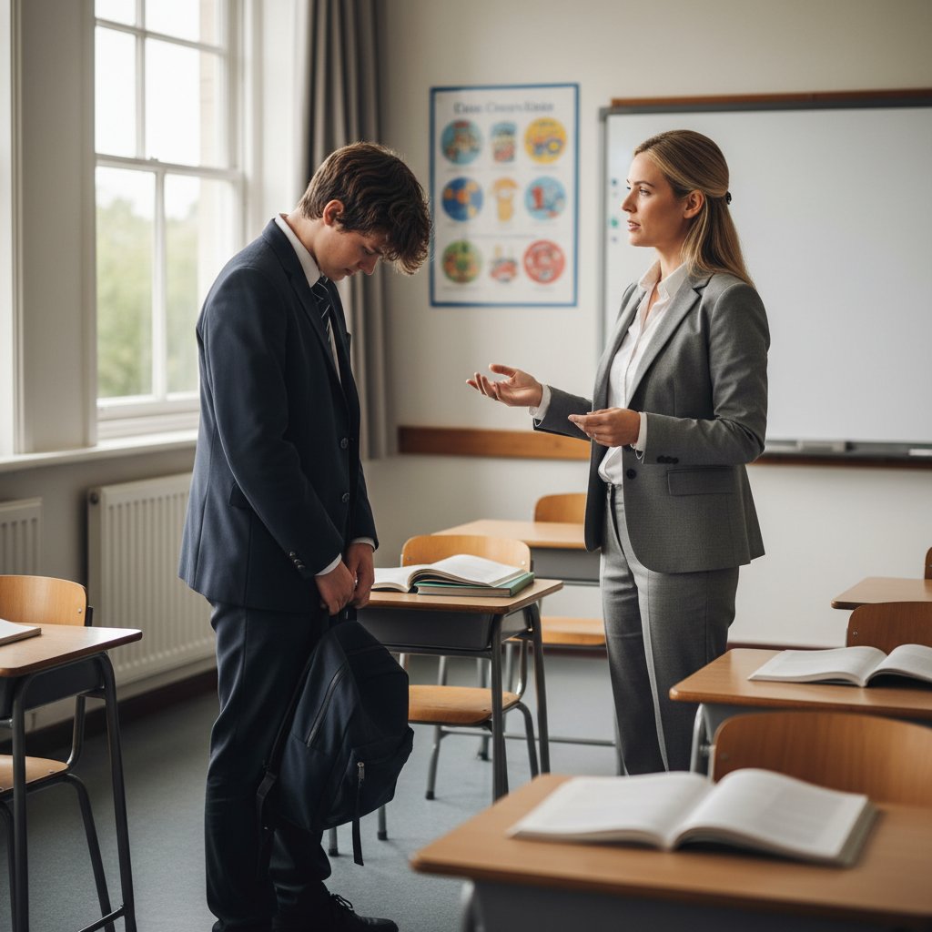 Nauczyciel rozmawiający z uczniem, oboje unikający kontaktu wzrokowego, ilustracja defleksji w szkole