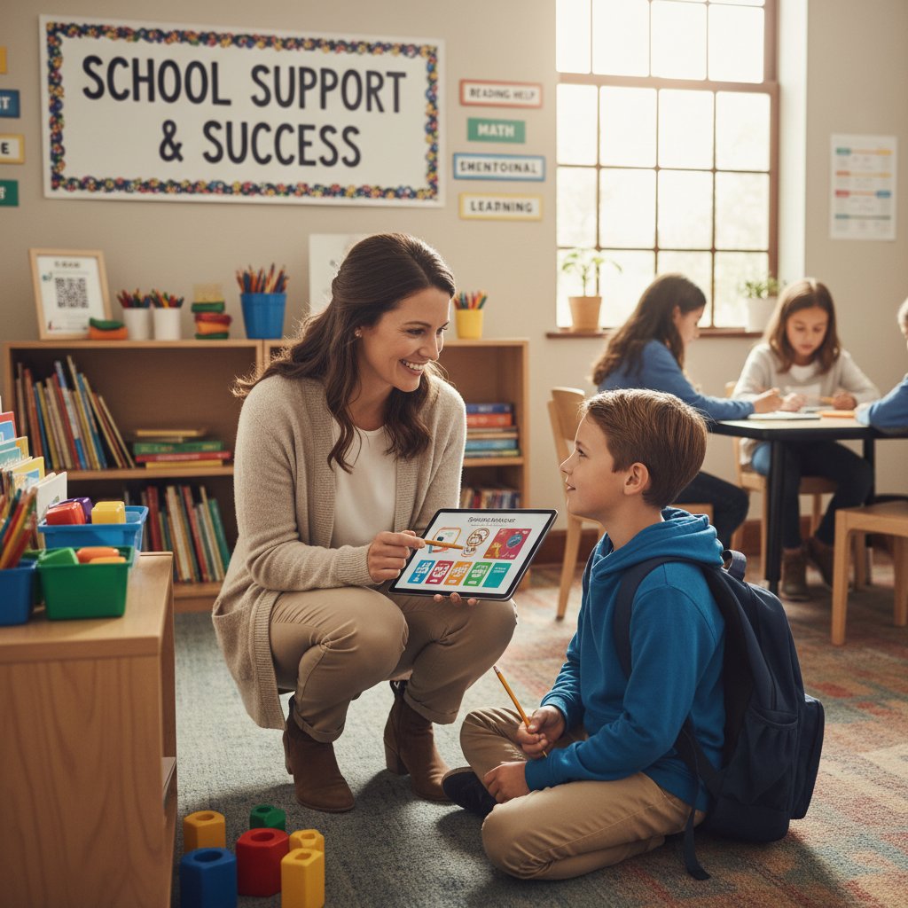 Nauczyciel rozmawia z uczniem w klasie, wsparcie dla nadpotliwości