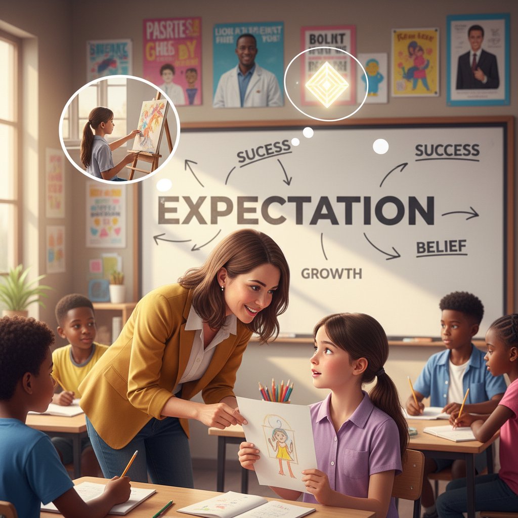 Nauczyciel rozmawiający z uczniem w klasie – ilustracja wpływu oczekiwań na edukację, styl reportażowy