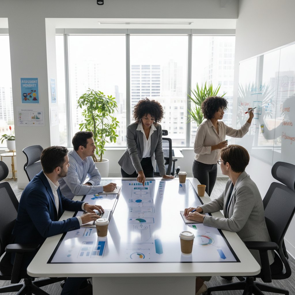 Zespół nauczycielski na szkoleniu z oceny formatywnej w dużym mieście, nowoczesna edukacja