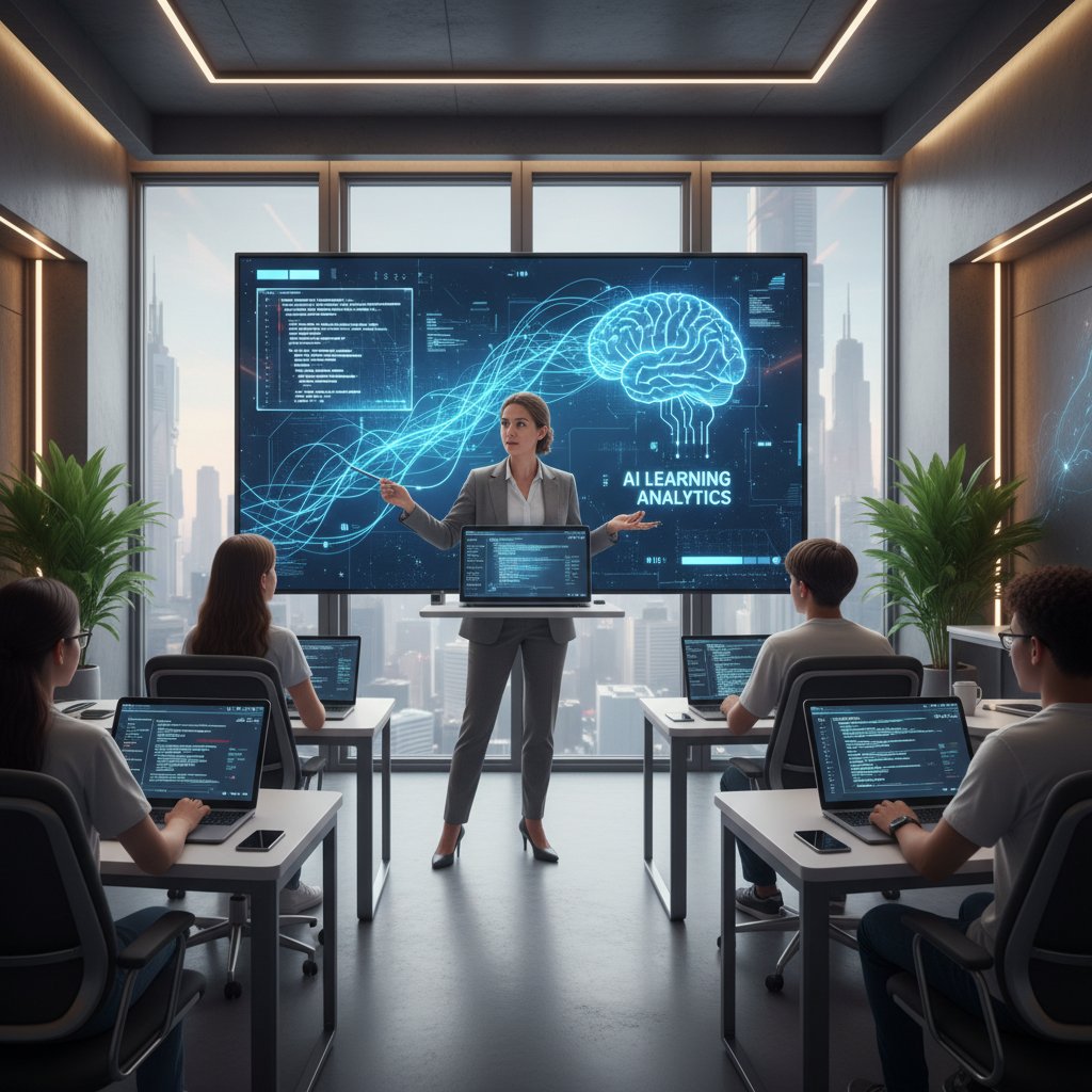 Nauczycielka korzystająca z laptopa i narzędzia AI podczas przygotowywania materiałów edukacyjnych, nowoczesna klasa