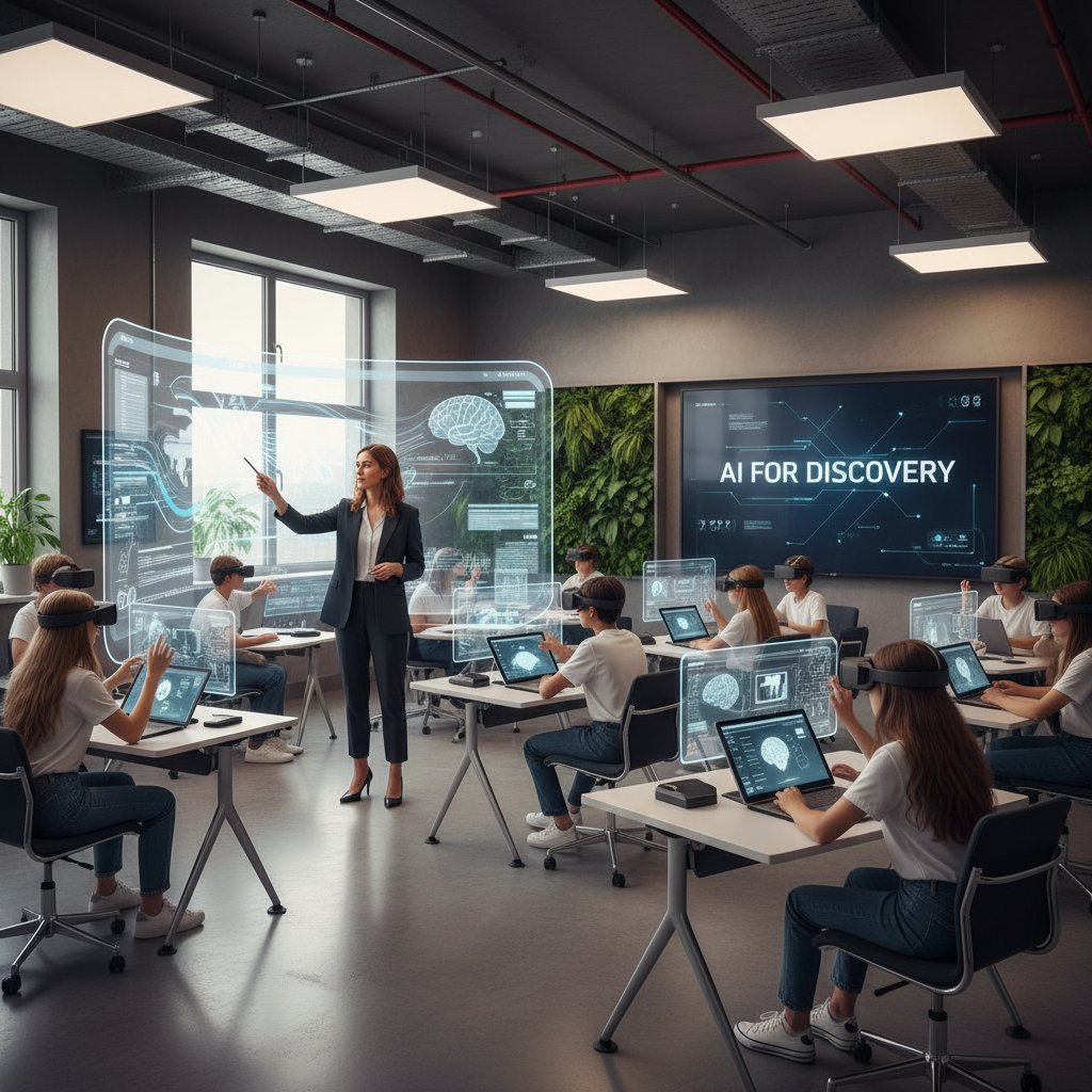 Nauczyciel korzystający z AI podczas lekcji w nowoczesnej sali, uczniowie zaangażowani w różne zadania