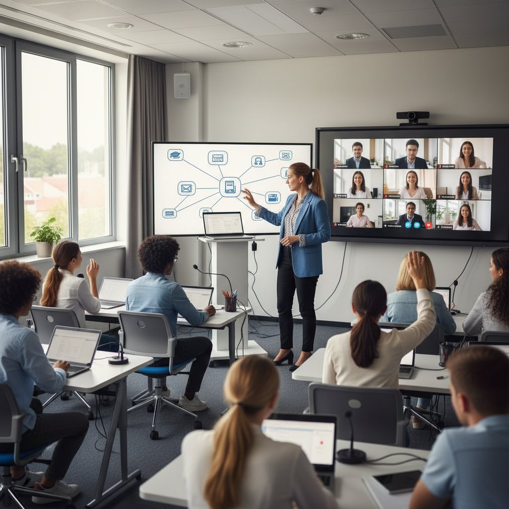 Nauczyciel korzystający z laptopa podczas lekcji hybrydowej, widoczne narzędzia cyfrowe, uczniowie w klasie i online