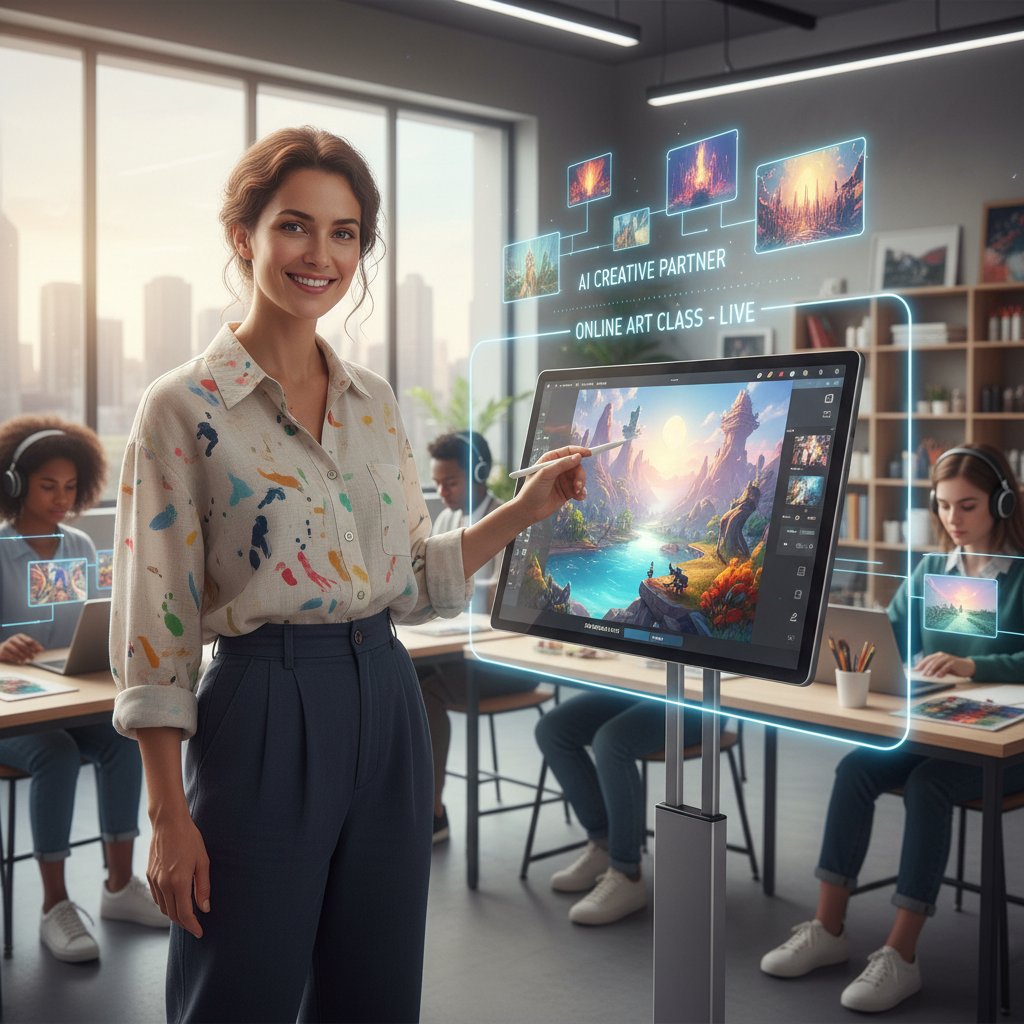 Nauczyciel plastyki korzystający z tabletu i AI podczas lekcji online – nowoczesne technologie w edukacji, korepetytor plastyki online