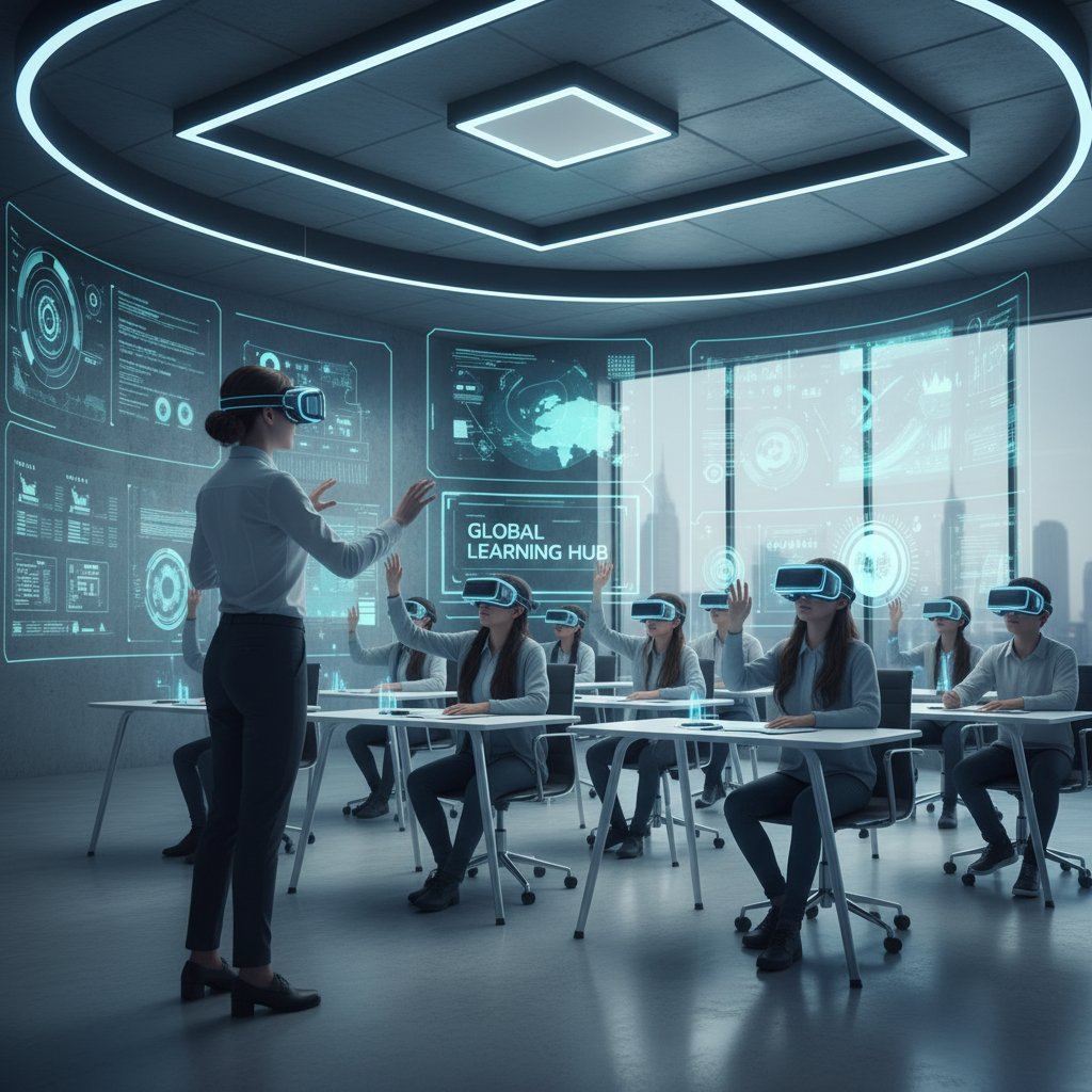 Nauczyciel korzystający z okularów VR prowadzi zdalną lekcję dla grupy uczniów