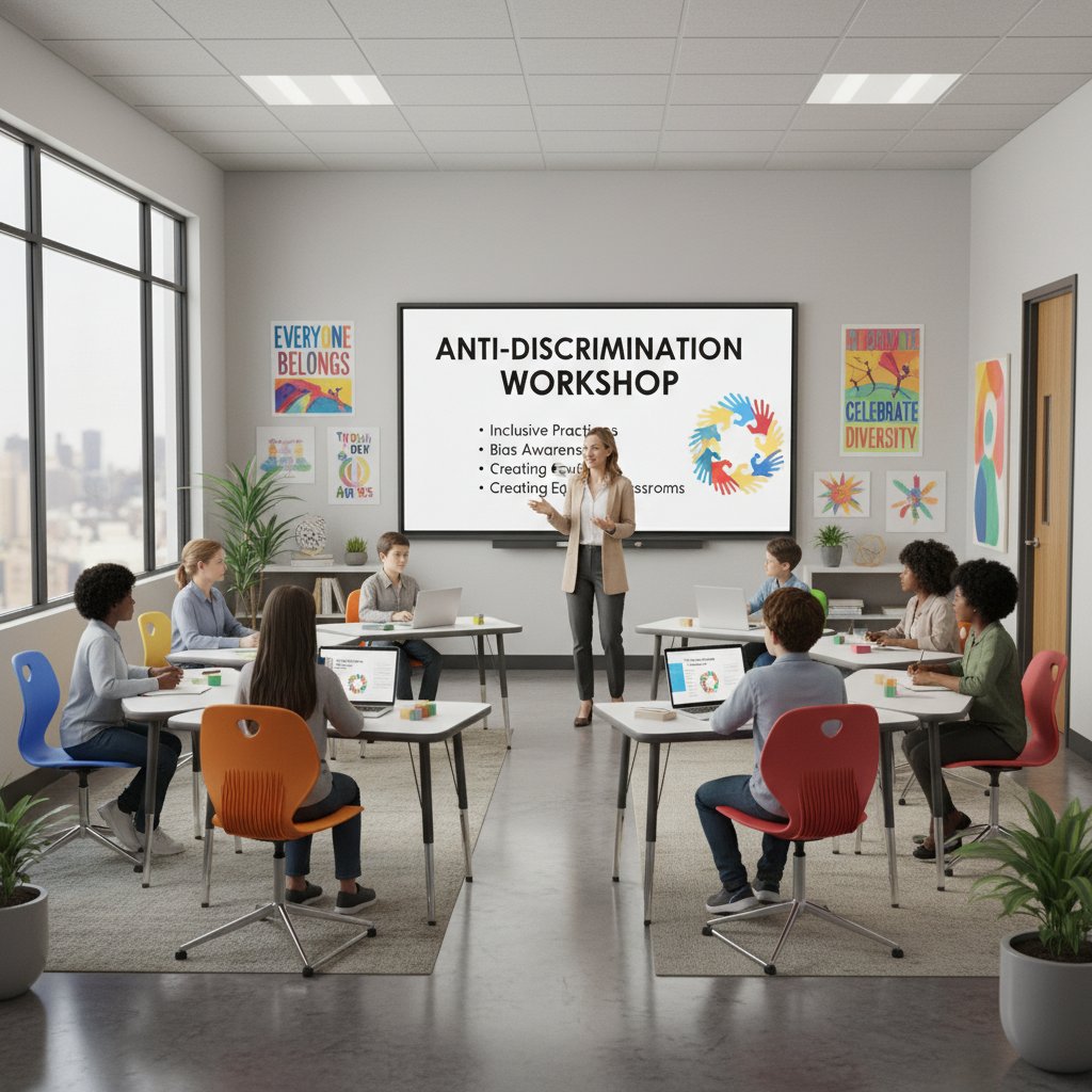 Nauczyciel prowadzący warsztaty antydyskryminacyjne w otwartej, nowoczesnej sali lekcyjnej