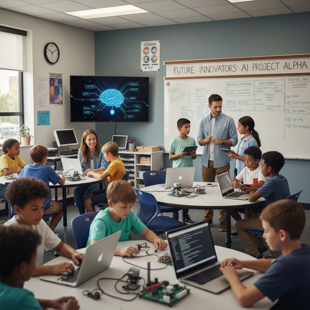 Zespół nauczycieli i studentów pracujących z AI menadżerem projektów w klasie