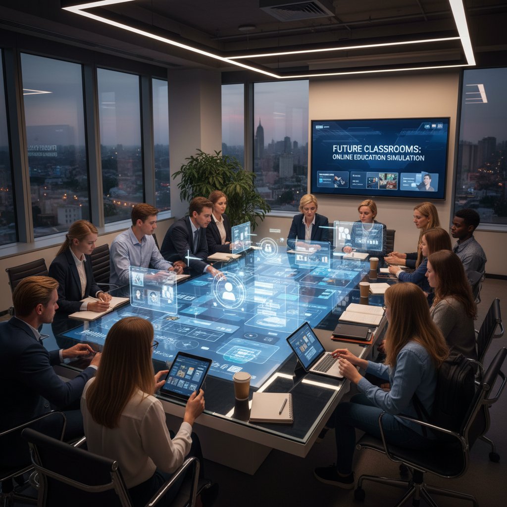 Zespół nauczycieli i uczniów planujący wdrożenie symulatora edukacji online w sali konferencyjnej