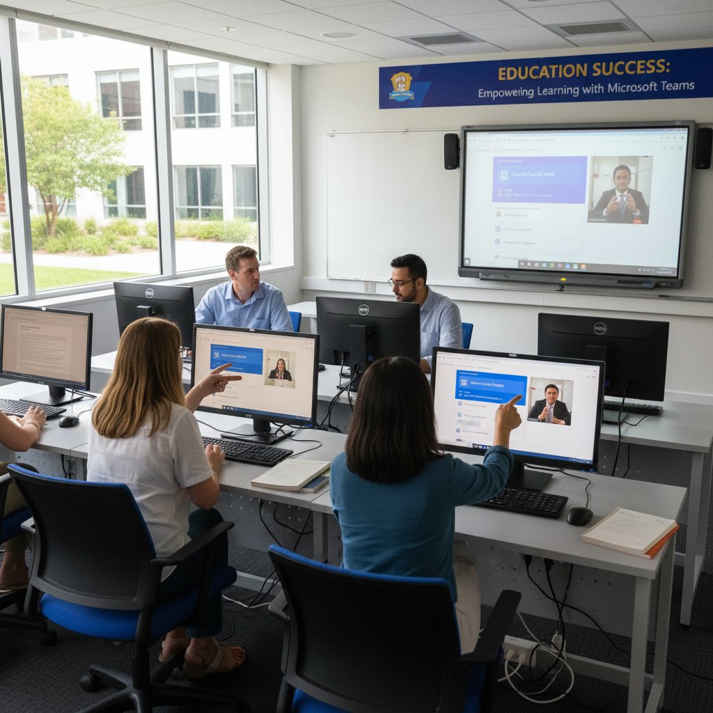 Zespół nauczycieli podczas szkolenia z obsługi Teams w nowoczesnej sali komputerowej
