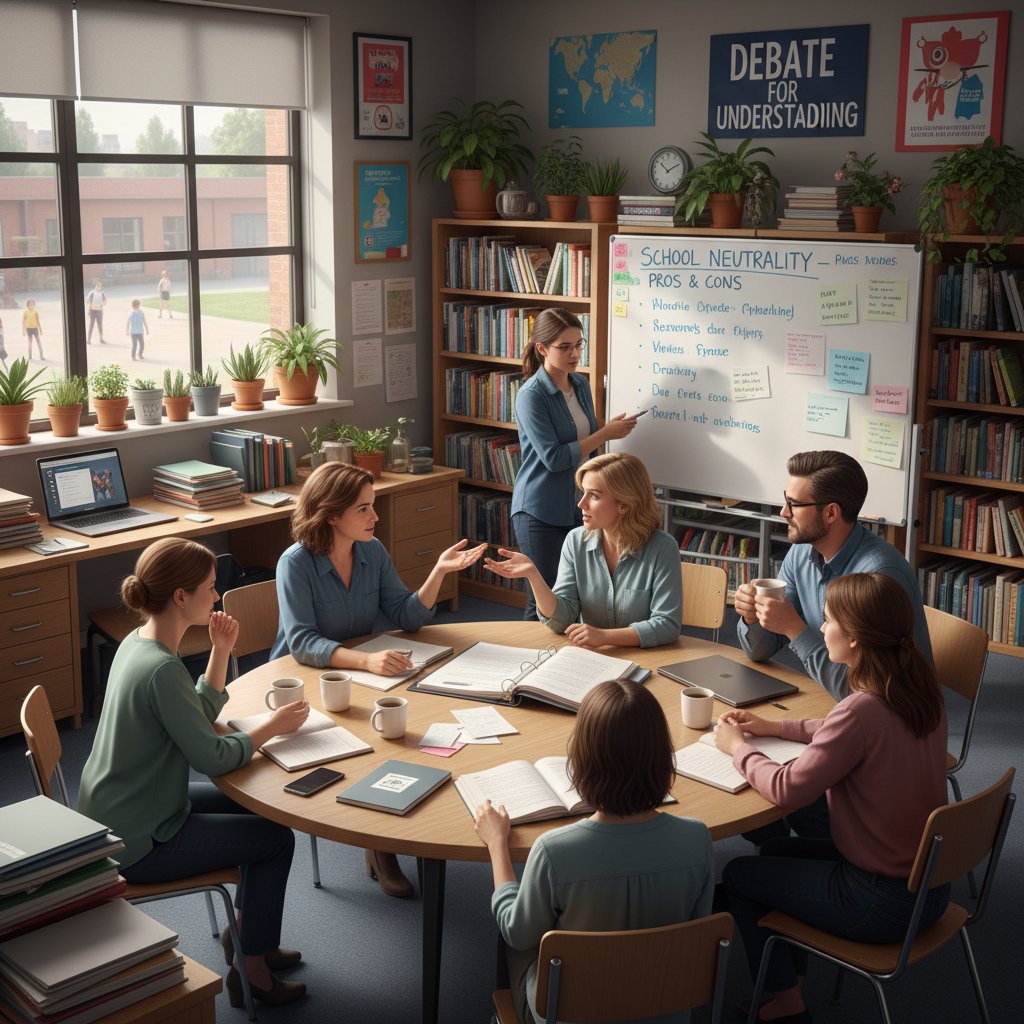 Pokój nauczycielski, nauczyciele debatowali nad przepisami, atmosfera napięcia – ilustracja problemów systemowych, słowa kluczowe: prawo oświatowe, neutralność szkoły, debata nauczycieli