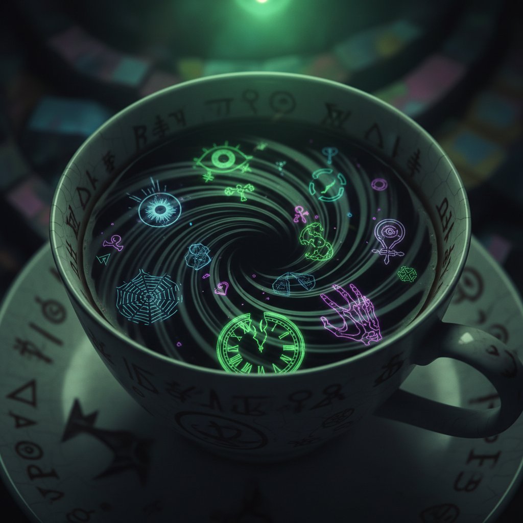 Surreal depiction of a teacup and hypnotic swirl, close-up, unsettling lighting, symbolic elements