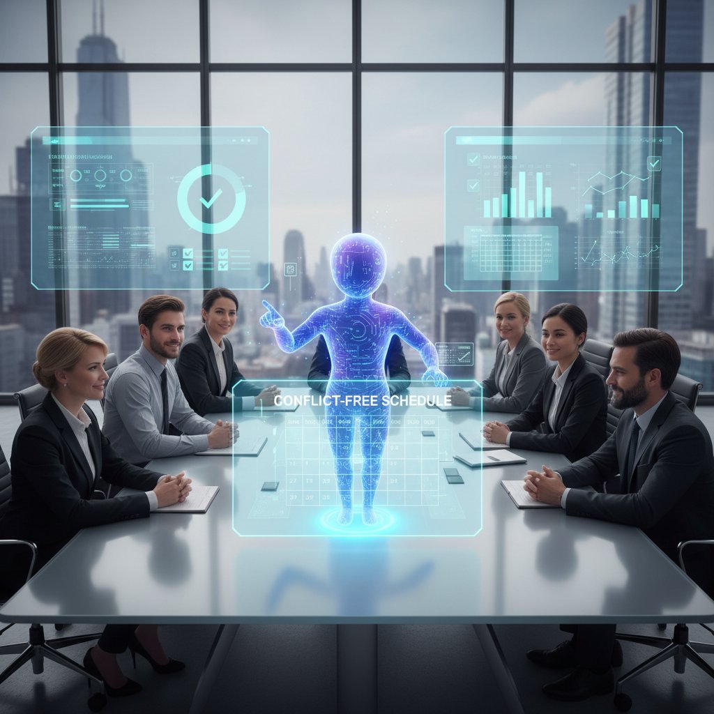 Zespół korzystający z wirtualnego asystenta AI do zarządzania spotkaniami, ekran z harmonogramem bez konfliktów