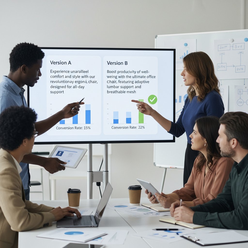 Zespół analizujący wyniki testów A/B opisów produktów na ekranie komputera