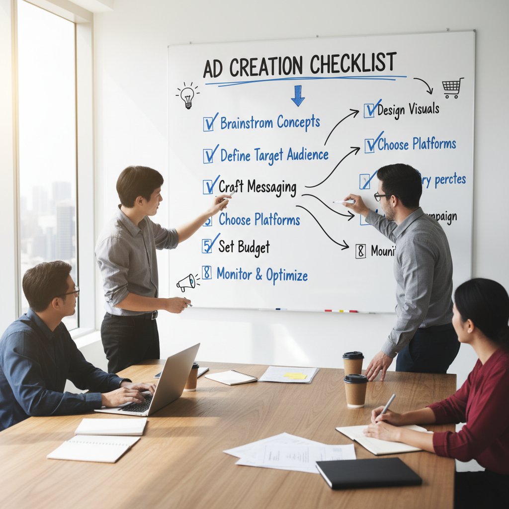 Zespół pracuje nad checklistą skutecznej reklamy na tablicy. Słowo kluczowe: tworzenie reklam