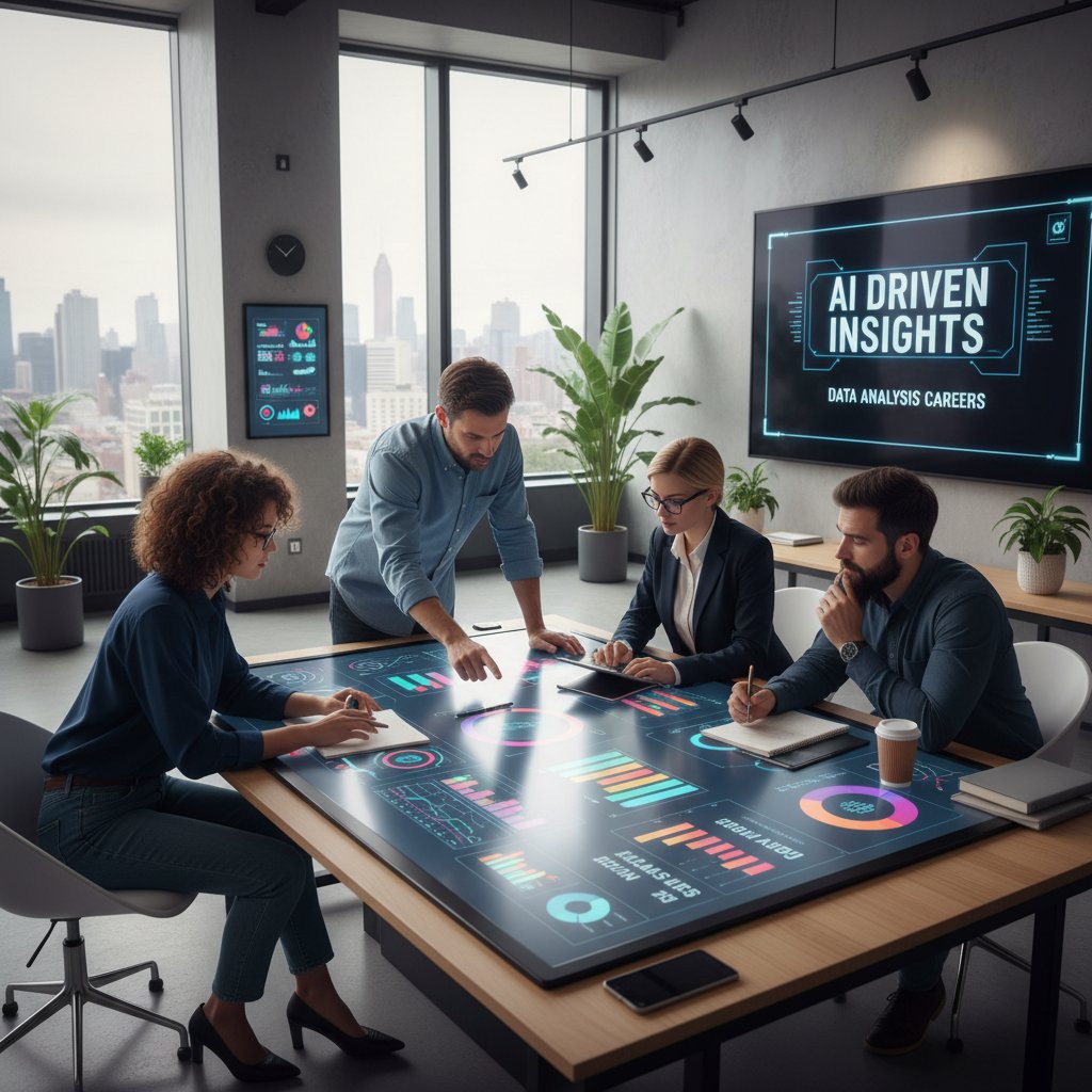Zespół korzystający z AI do analizy danych zawodowych w nowoczesnym biurze