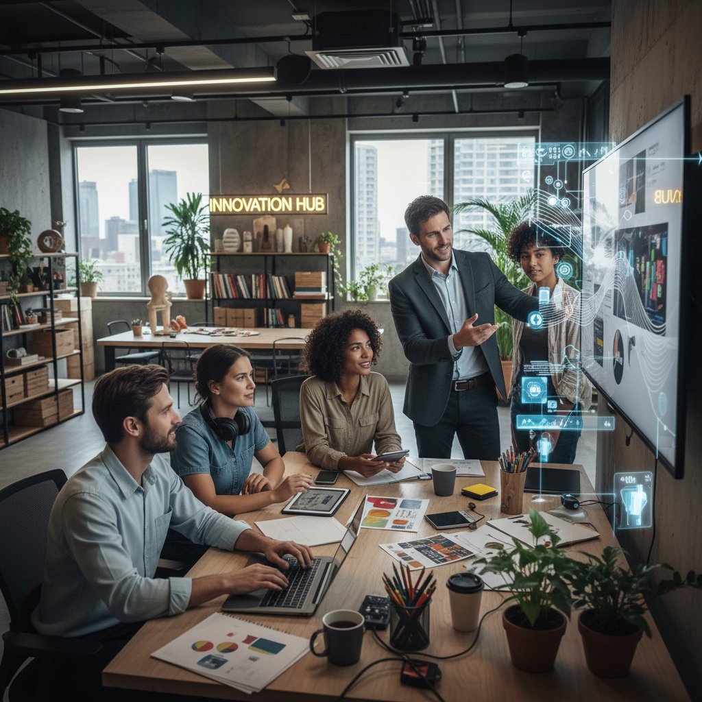 Zespół ludzi i AI pracujących wspólnie przy jednym stole w kreatywnym biurze