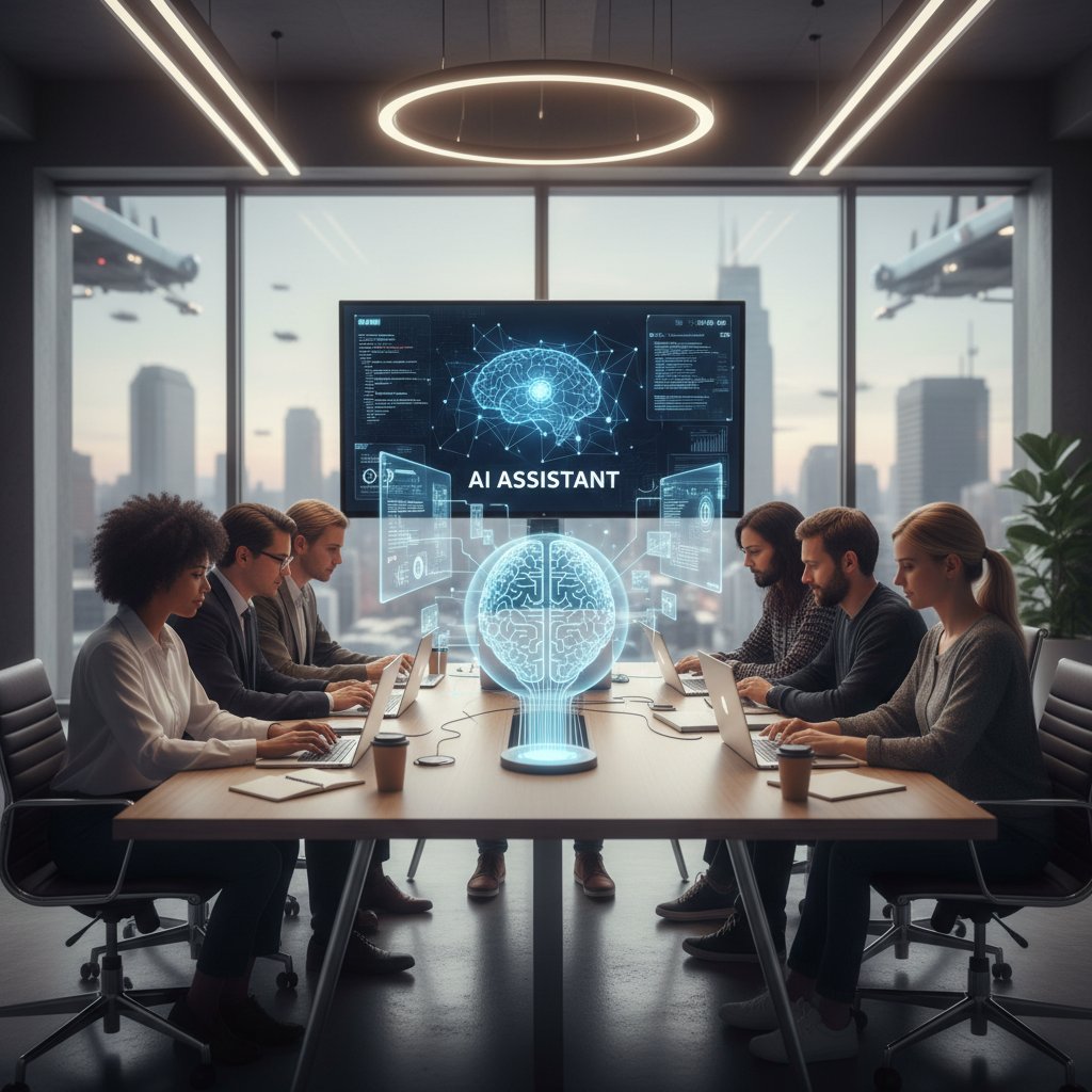 Zespół pracujący z laptopami, obok wirtualny asystent AI na ekranie – obraz cyfrowej selekcji wiadomości