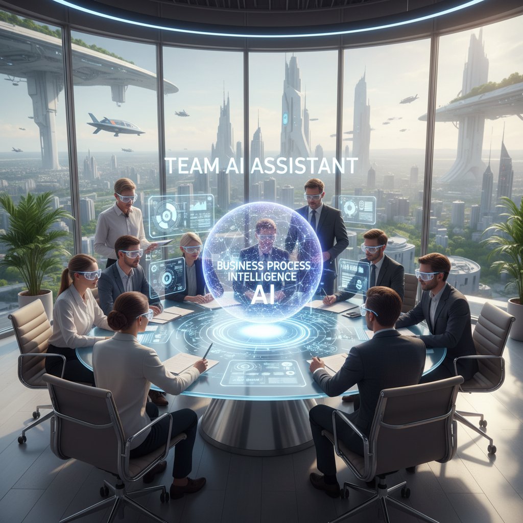 Team collaborating with AI assistant in the office, balancing automation and human creativity, business process intelligence AI and company culture