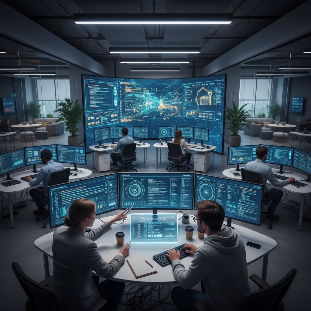 Zespół pracujący nad analizą AI, ekrany z danymi, dynamiczna sceneria biura