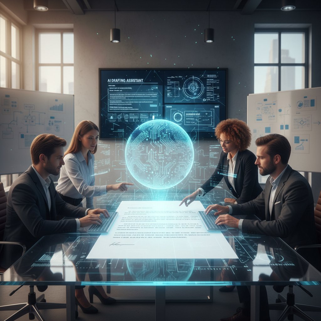 Team using AI-powered assistant for business letter drafting, collaborative environment, digital screens