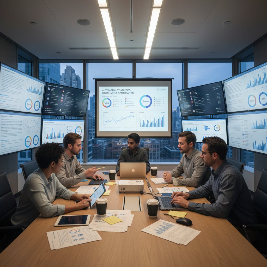 Zespół analizujący strategie automatyzacji w różnych mediach społecznościowych przy dużym stole