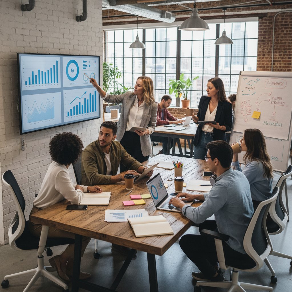 Zespół analizujący nowe trendy biznesowe w nowoczesnej przestrzeni coworkingowej