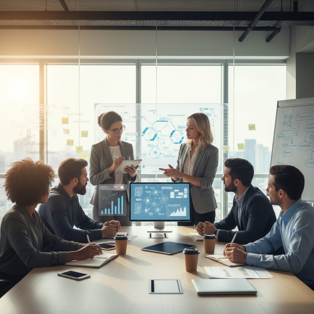 Zespół firmy analizujący dane z chatbota na ekranie monitora, symbol innowacyjnych korzyści automatyzacji