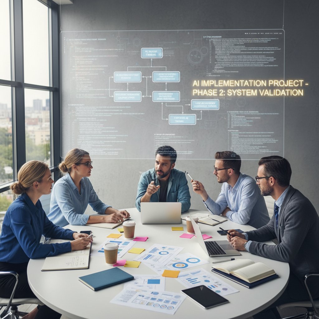 Zespół analizuje checklistę wdrożenia AI, atmosfera skupienia i współpracy