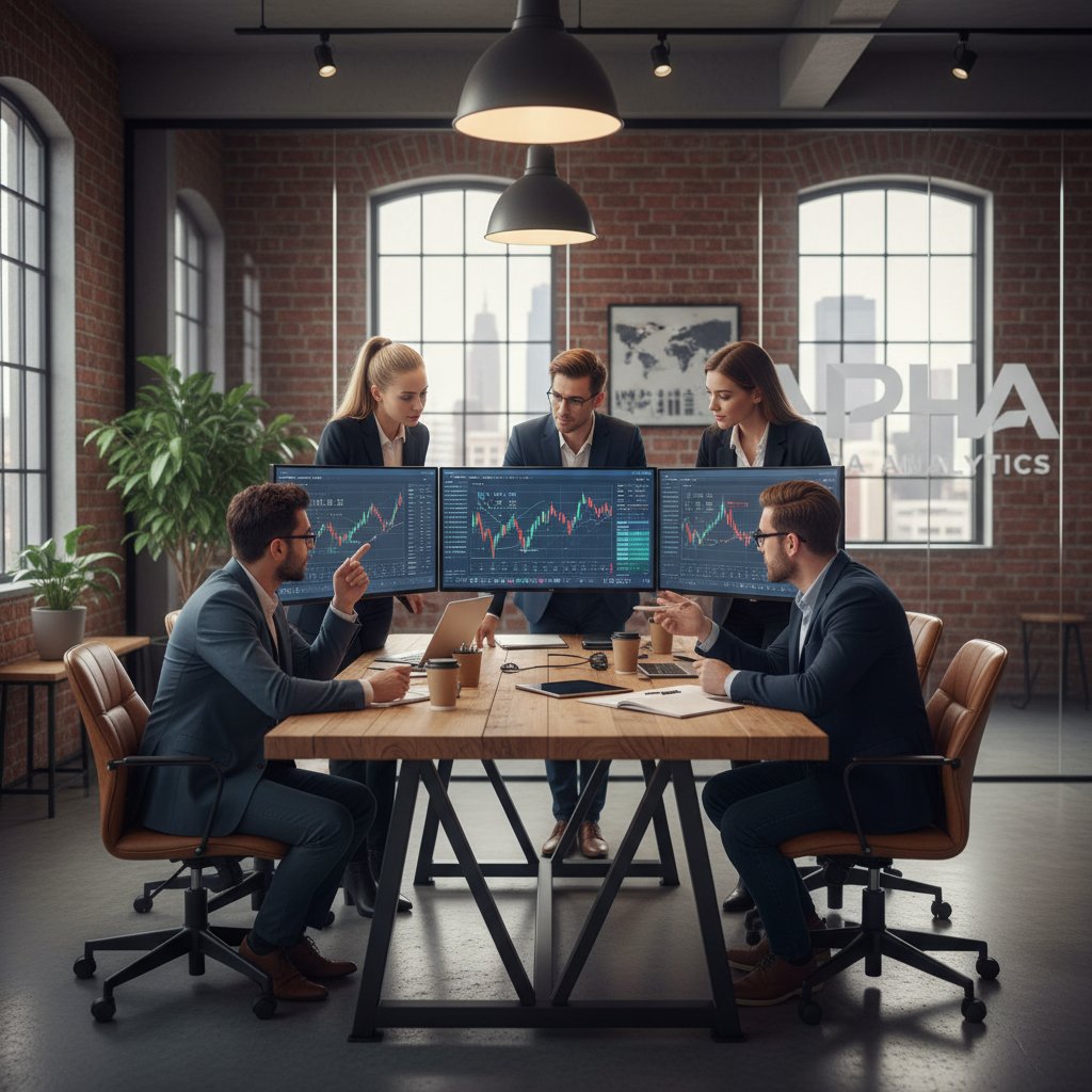 Zespół młodych ludzi analizuje dane inwestycyjne na dużym ekranie w biurze