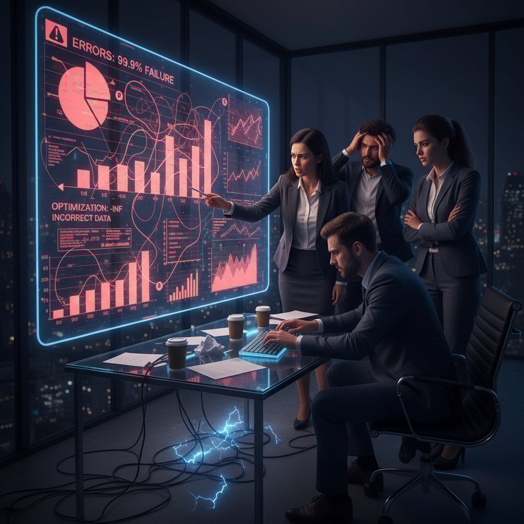 Zespół analizuje błędne raporty na ekranie – przykład fałszywej optymalizacji