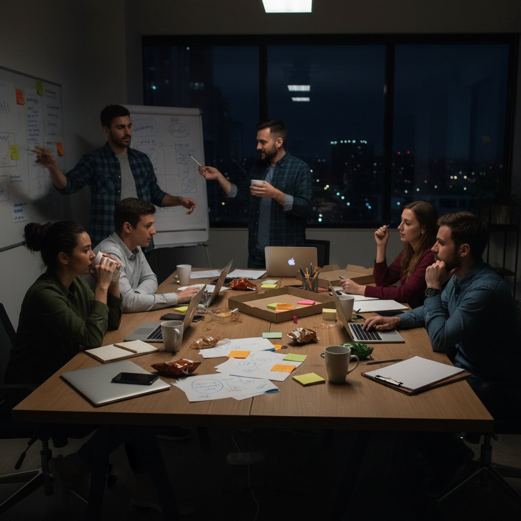 Zespół przy stole w trakcie burzy mózgów – początek kampanii