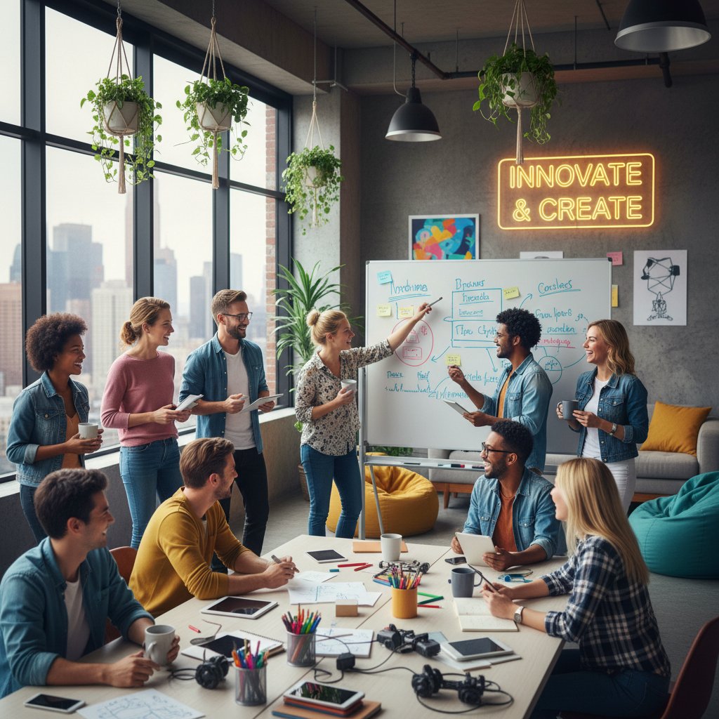 Grupa ludzi śmiejących się podczas burzy mózgów w kreatywnym biurze