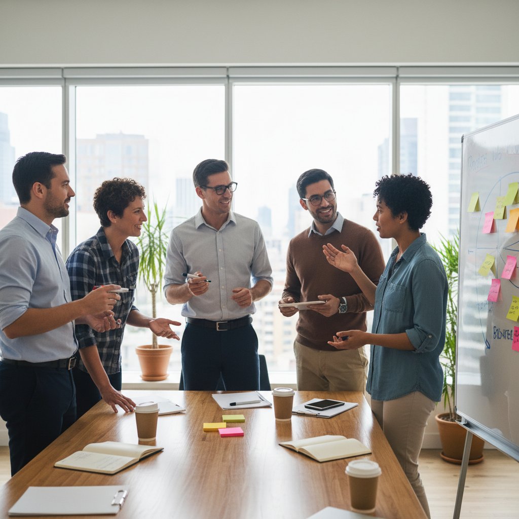 Zespół pracowników podczas burzy mózgów, widoczne zaangażowanie i wzajemny szacunek