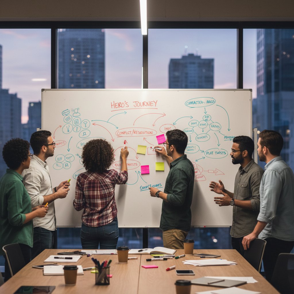 Sesja kreatywna zespołu, burza mózgów nad wątkiem opowieści marki, tablica pełna pomysłów