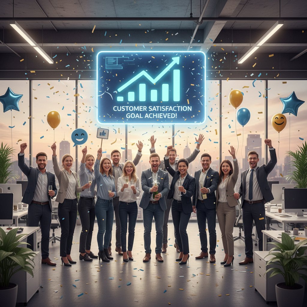 Zespół świętujący osiągnięcie kolejnych celów w satysfakcji klientów
