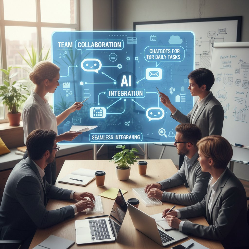 Team pracujący z chatbotami, brainstorming, integracja AI z codziennymi zadaniami