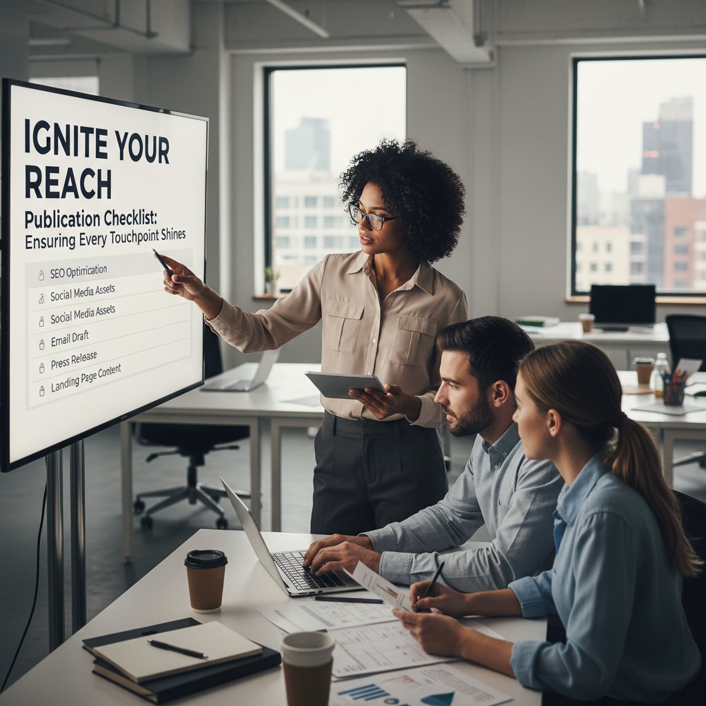 Zespół sprawdzający checklist przed publikacją tekstu reklamowego