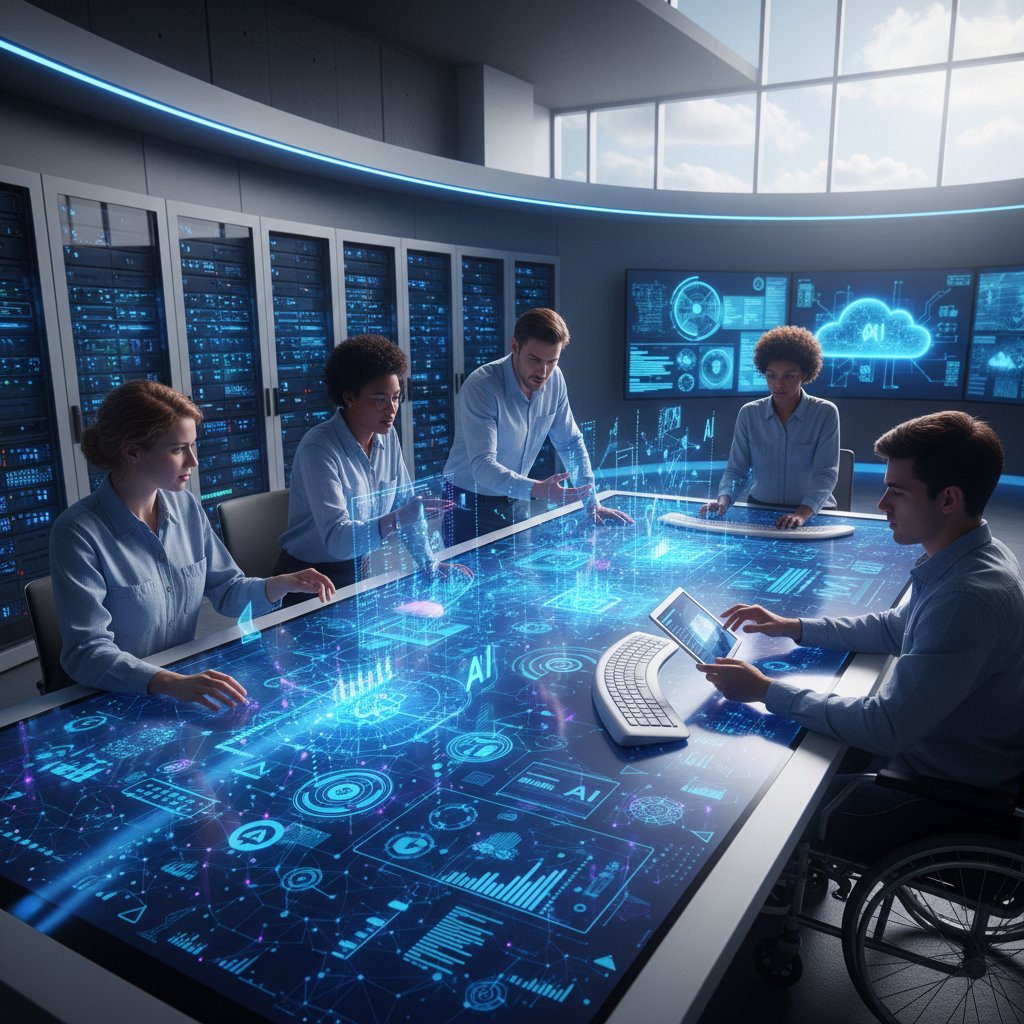 Zespół pracujący nad komputerem z wyświetlonymi danymi, motyw AI i współpracy