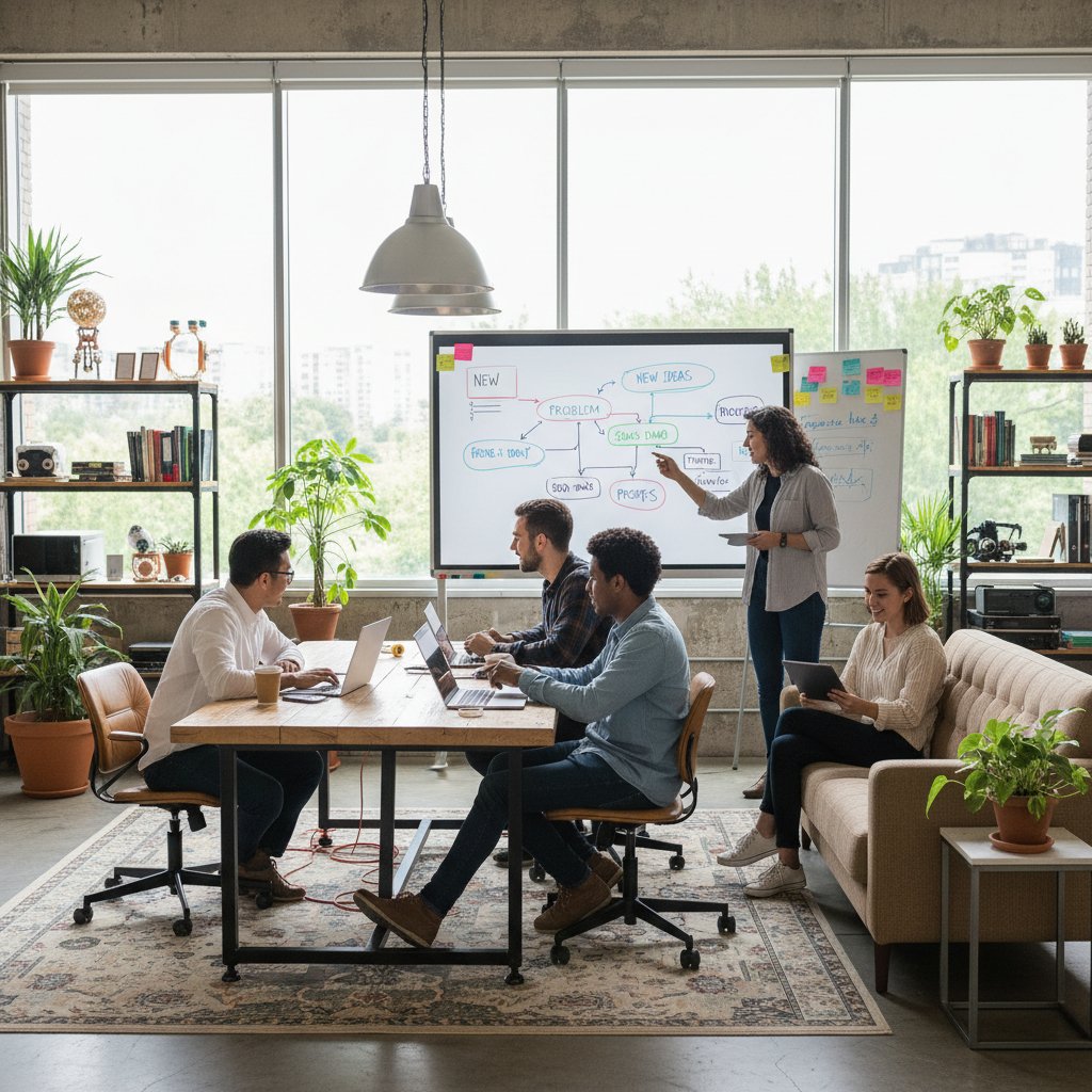 Zespół młodych ludzi w coworkingu, korzystających z laptopów i smartfonów, klimat innowacji