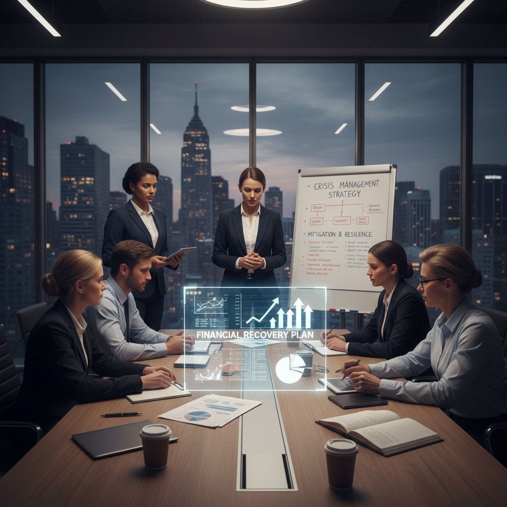 Zespół firmy analizujący plan naprawczy po błędzie finansowym