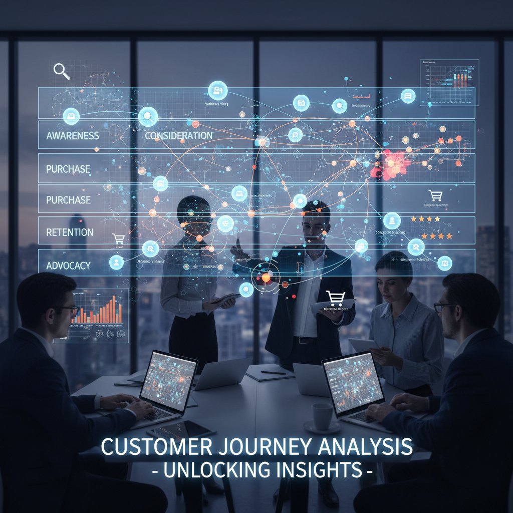 Zespół analizujący ścieżkę klienta na dużym ekranie z wykresami i punktami styku