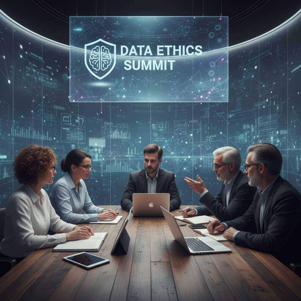 Zespół rozmawiający o etyce danych przy nowoczesnym stole konferencyjnym, ekrany z AI w tle