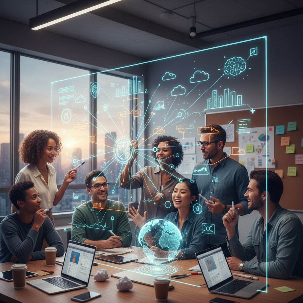 Zespół przy tablicy z wizualizacją danych, burza mózgów, kreatywna atmosfera