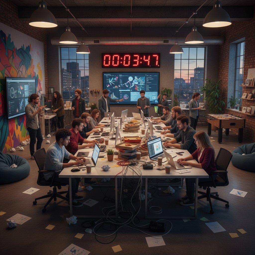 Zegar i zespół kreatywny zmagający się z deadlinem w agencji reklamowej