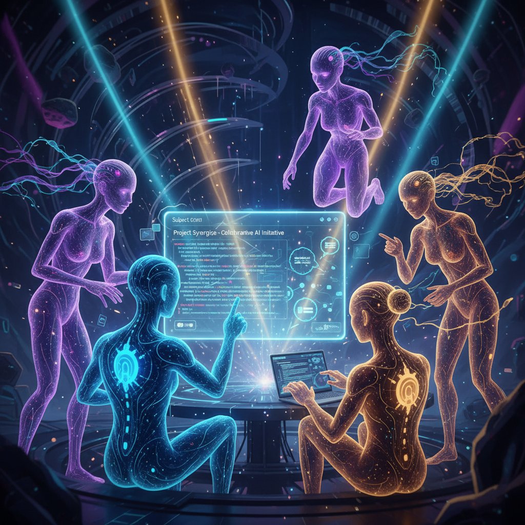 Editorial dramatic lighting on a team and digital AI avatar working side by side. The mood is bold and inspiring, visually illustrating humans and AI collaborating on email productivity and teamwork