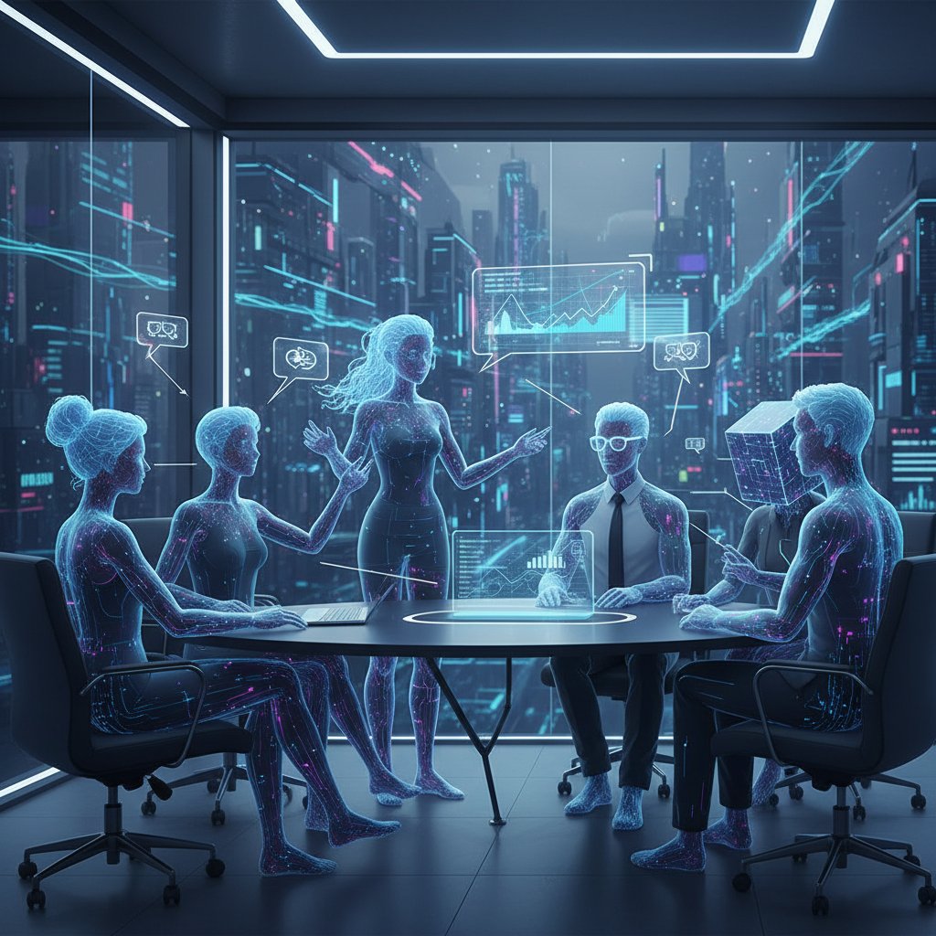 Zespół ludzi rozmawiających z cyfrowymi awatarami wirtualnych pracowników na ekranach