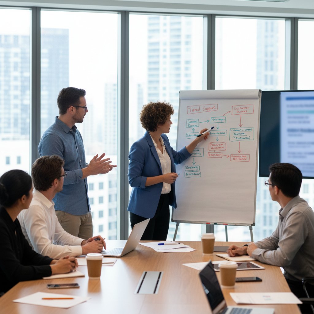 Zespół omawiający trzy modele wsparcia klienta na tablicy w sali konferencyjnej