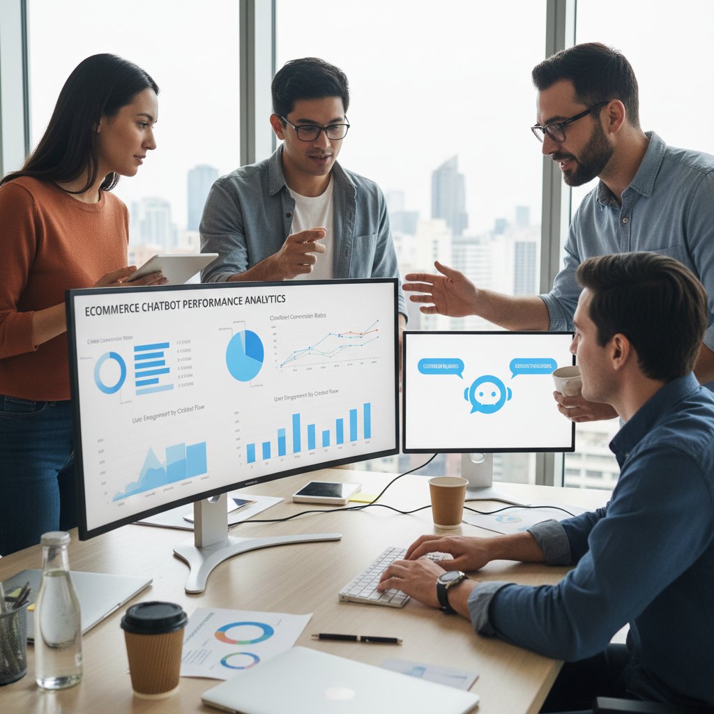 Zespół e-commerce analizujący wyniki wdrożenia chatbota na ekranie monitora, Polska. Frazy: chatbot, wdrożenie, analiza.