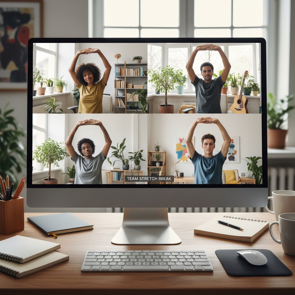 Zespół w domowych biurach, wykonujący wspólne ćwiczenia stretchingowe przez wideokonferencję